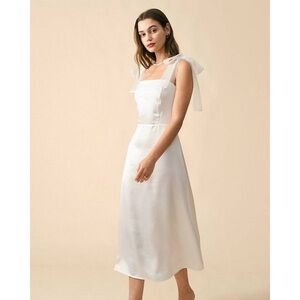 White Satin Midi Dress with Bow Straps